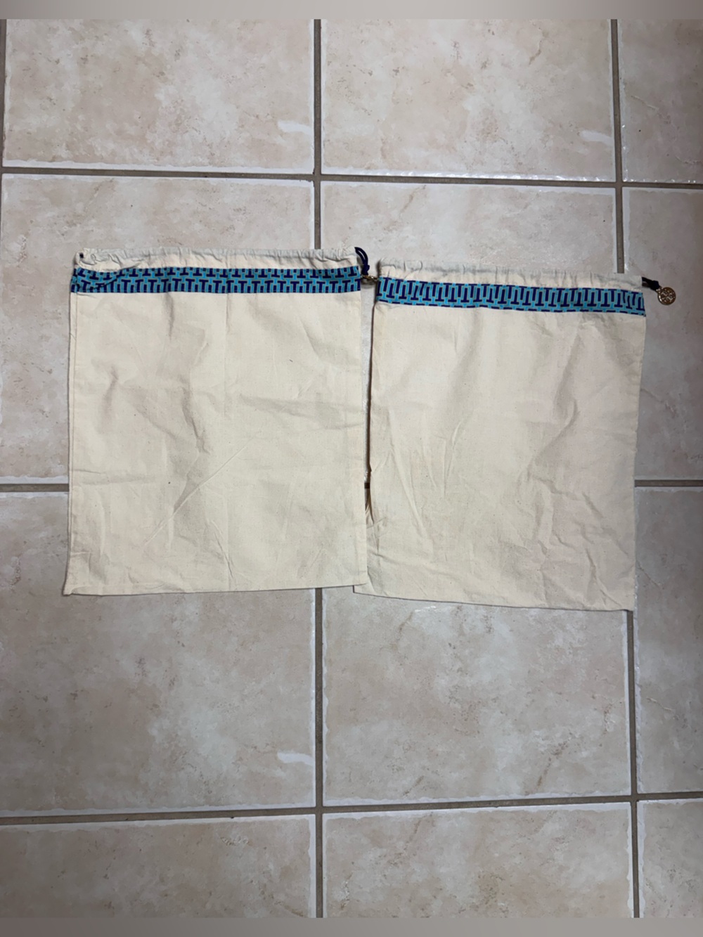 Tory Burch Cream Drawstring Bottoms with Blue Trim